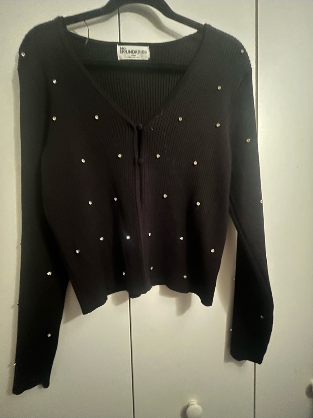 No Boundaries Black Embellished Ribbed V-Neck Cardigan. Grunge. Whimsy.